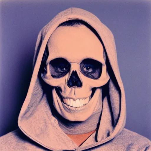 Prompt: close-up shot of a skull in a hoodie in 80s, Polaroid photo, by Warhol