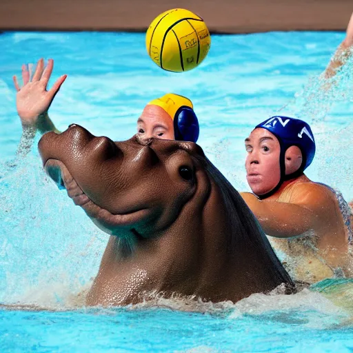 Image similar to a water polo players riding a hippopotamuses. photograph.