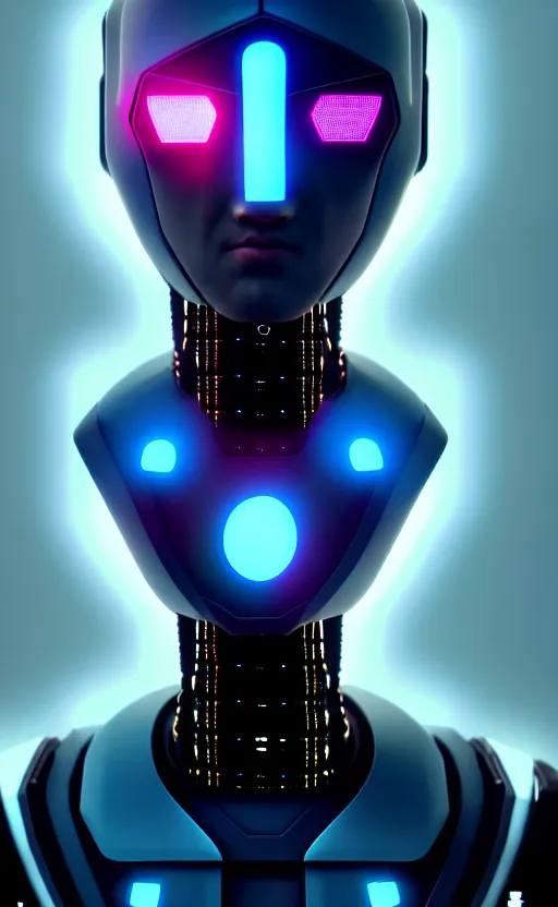 Image similar to friendly humanoid cyber robot, award winning, portrait bust, symmetry, faded colors, cypherpunk background, alan blackwell, masterpiece, trending on artstation, cinematic composition, beautiful lighting, hyper detailed!!!, 8 k, unreal engine 5