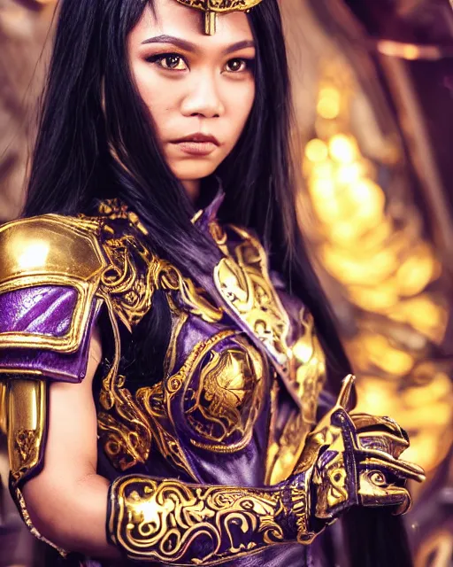 Image similar to a beautiful close up photo of a Filipina female with long hair and purple eyes, no helmet, wearing leather and gold futuristic steampunk costume , with ornate rune carvings and glowing lining, very detailed, shot in canon 50mm f/1.2