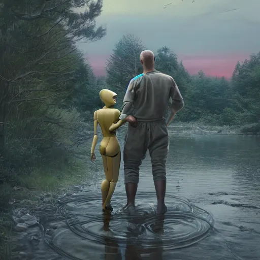 Image similar to Beautiful cinematic scene of a couple of two damaged and broken humanoid robots holding hands near a river, at night, peaceful, science fiction, award-winning, cinematic lighting, insanely detailed, very realistic, Artstation, Cgsociety, by Simon Stalenhag, directed by Denis Villeneuve, filmic