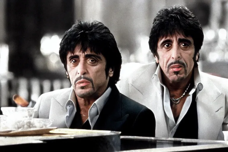 Prompt: tony montana from movie scarface 1 9 8 3 sitting behind a big black oak table with big large packages of flour. al pacino. perfect symmetric face, coherent eyes, close up, fine details, 4 k, ron cobb. last scene from scarface movie