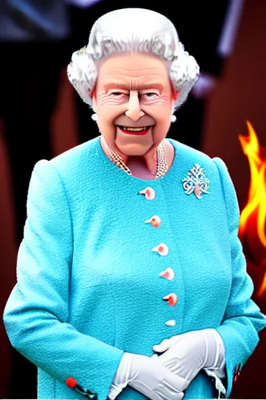 Image similar to queen Elizabeth smiling and waving while on fire