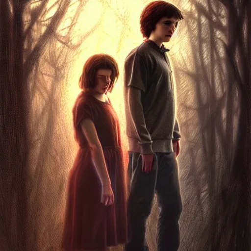 Image similar to Twilight version of Stranger Things, Portrait of Edward and Bella, diffuse lighting, fantasy, intricate, elegant, highly detailed, lifelike, photorealistic, digital painting, artstation, illustration, concept art, smooth, sharp focus, art by Artem Demura