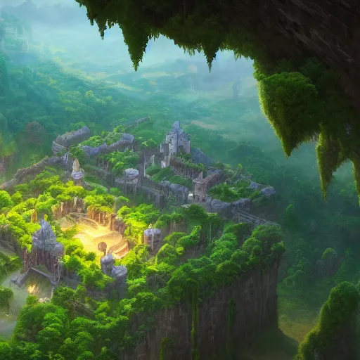 Prompt: beautiful render of forgotten kingdom with nearby village, by andreas rocha and makoto shinkai, green color, aerial photography, ultrawide lens, unreal engine, 4 k hd wallpaper : 2