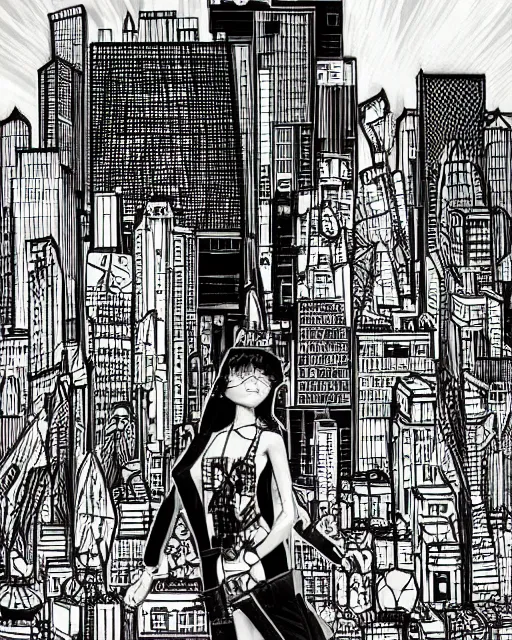 Image similar to cypherpunk fashion illustration, camera face, black and white, manga, city street background with high tall buildings, central park, abstract landscape, highly detailed, finely detailed