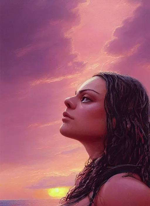 Prompt: Mila Kunis wearing black choker, epic portrait of a very strong muscled Amazon heroine, sun beams across sky, pink golden hour, stormy coast, intricate, elegance, highly detailed, shallow depth of field, epic vista, concept art, art by Artgerm and Donato Giancola, Joseph Christian Leyendecker