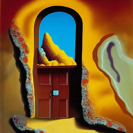 Prompt: a vivid surrealist painting of a melting, gooey, stone building with a door and windows, made out of melting ice cream. on a hill in the mountains and forest on a scorching hot day, in the style of dali