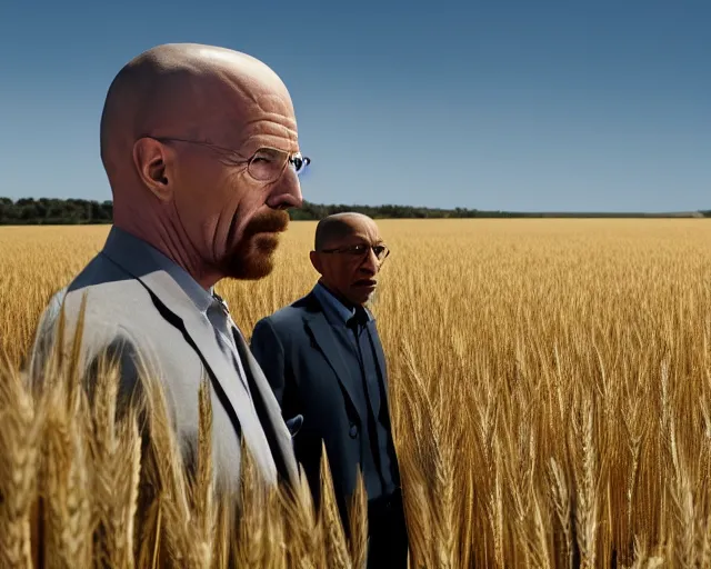 Image similar to extreme long shot of walter white and gustavo fring standing in front of each other from a distance in a wheat field, low angle, side view, 3 5 mm photograph, 8 k resolution, wide shot, sharp lens