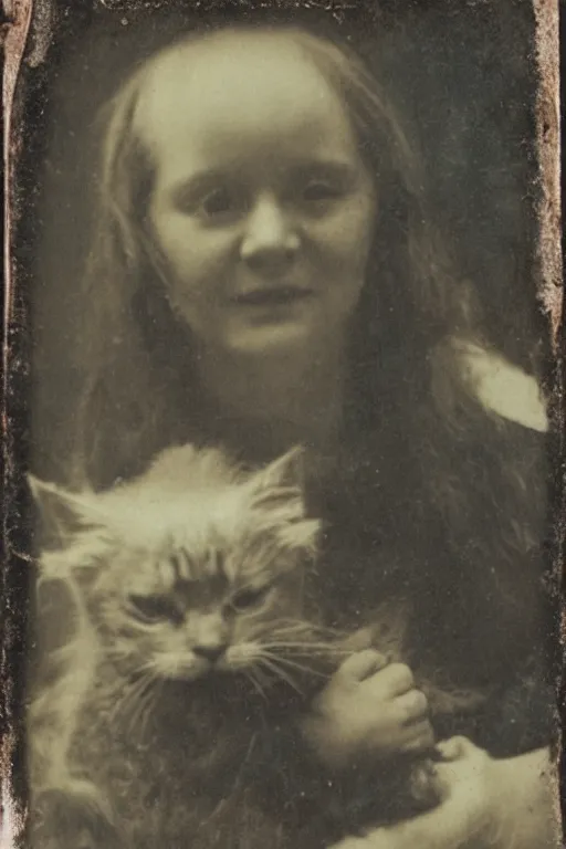 Image similar to faded daguerreotype portrait of disturbing haunted demonic abomination holding cute kitten