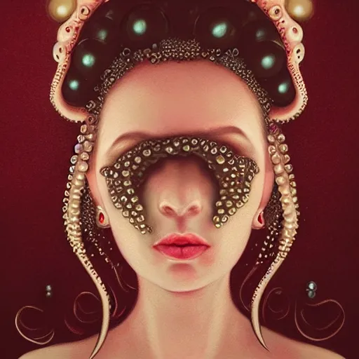 Image similar to queen of octopus with pearls embedded, portrait, pink and gold, nouveau, beautiful, by Anato Finnstark, Tom Bagshaw, Brom