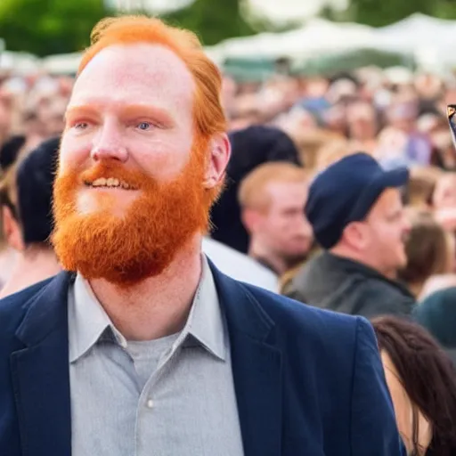 Image similar to a 7 foot tall, ginger, balding middle aged man walking among the crowd