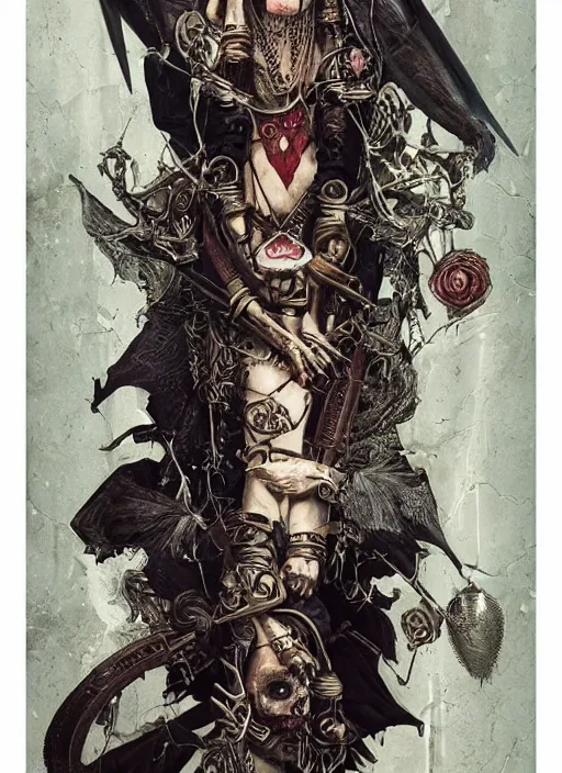 Image similar to tarot card :: horror :: vampires and draculas :: cult and clan :: hearts and roses :: gold and silver :: guns and swords :: highly details :: intricate details :: Sandra Chevrier and bastien lecouffe deharme