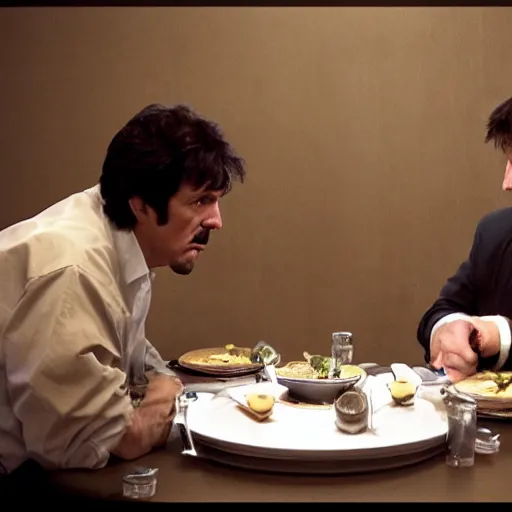 Image similar to tony montana and walter white discussing business at a dinner table, 4k, hd, photorealistic