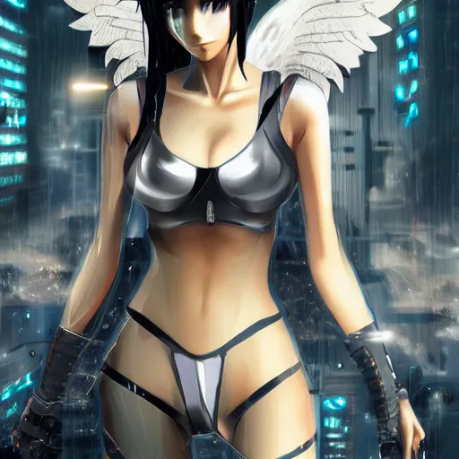 Image similar to digital cyberpunk - anime character - concept art gorgeous small female android cyborg - angel large angelic wings left eye gold right eye silver