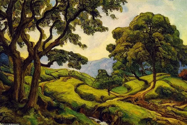 Image similar to masterpiece painting of oak trees on a hillside overlooking a creek, dramatic lighting, by frederick varley