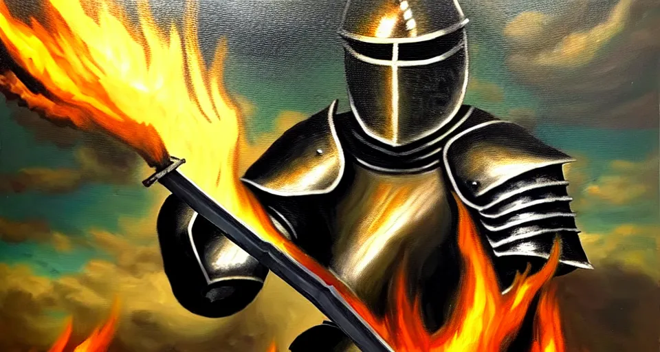 Image similar to An oil painting of a knight in dark metal armor wielding a flaming sword