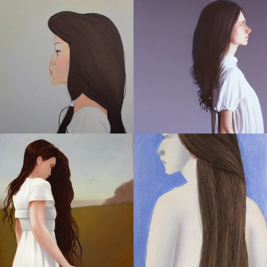 Prompt: girl with long hair, profile, white dress, by terry miura, carolyn anderson