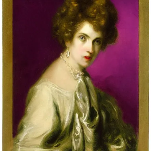 Image similar to electric purple by joshua reynolds ornate. a beautiful experimental art. she looks up at me, up & down. she has short - cropped hair, & a scar on her left cheekbone : just a line of black against her deep tan, precise & geometrical. her eyes are pale green.