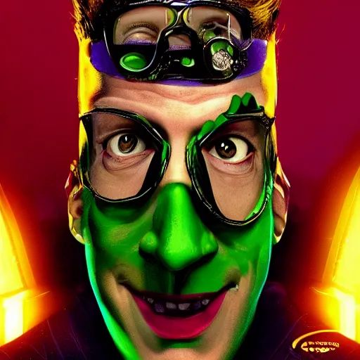 Prompt: Mark Zuckerberg as The Riddler in Joel Schumacher\'s Batman Forever, cinematic movie poster, headshot, highly detailed, 35mm print, artstation, concept art, sharp focus