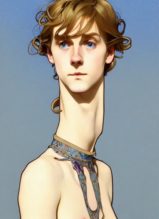 Image similar to art nouveau portrait of a pretty young man with short light brown straw blond hair, light blue eyes, sad expression, scared, head down, shy and demure, wearing a choker collar, natural lighting, path traced, highly detailed, high quality, cartoon, digital painting, by don bluth and ross tran and studio ghibli and alphonse mucha