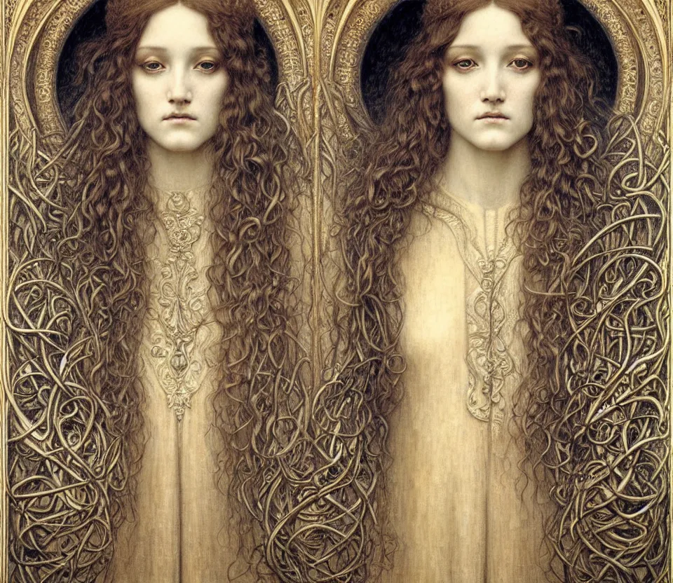 Image similar to detailed realistic beautiful young medieval queen face portrait by jean delville, gustave dore and marco mazzoni, art nouveau, symbolist, visionary, gothic, pre - raphaelite. horizontal symmetry