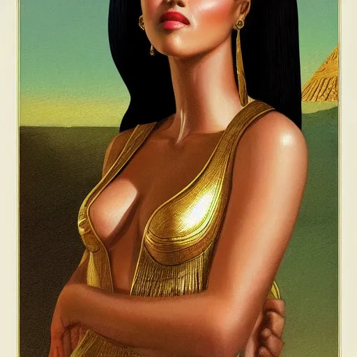 Image similar to Jessica alba as Cleopatra, Queen of the Nile, fresh from a purity bath filled with her servants, with perfect skin, radiant complexion, in only a light silk robe and adorned with Egyptian gold, highly detailed, digital painting, artstation, concept art, smooth, sharp focus, illustration, art by Alberto Vargas in the style of Patrick Nagel