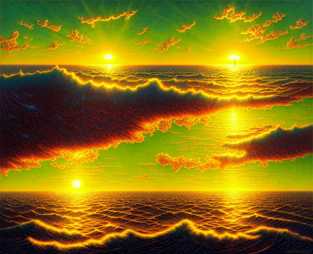 Image similar to the sun rising just above the horizon over the sea by dan mumford and vladimir kush and donato giancola and ted withers and peter driben and greg rutkowski and roberto ferri, green water, synthwave, retrowave, highly detailed, high contrast, intricate details, blended palette