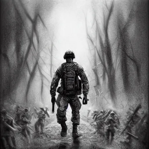 Image similar to pencil art, distant shot, realistic, cinematic, hyper detailed, smooth, hero walking up to the army to fight a war.