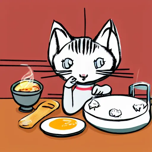 Prompt: a cute cat cooking a breakfast, sketch, high quality