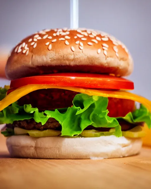 Image similar to high quality presentation photo of a hamburger, photography 4k, f1.8 anamorphic, bokeh, 4k, Canon, Nikon