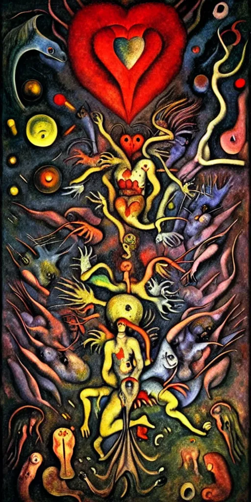 Image similar to mythical creatures and monsters in the visceral anatomical human heart imaginal realm of the collective unconscious, in a dark surreal mixed media oil painting by bosch and kandinsky, dramatic lighting from inner fire