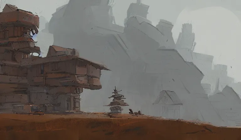 Prompt: A serene landscape with a singular building in the style of Ian McQue.