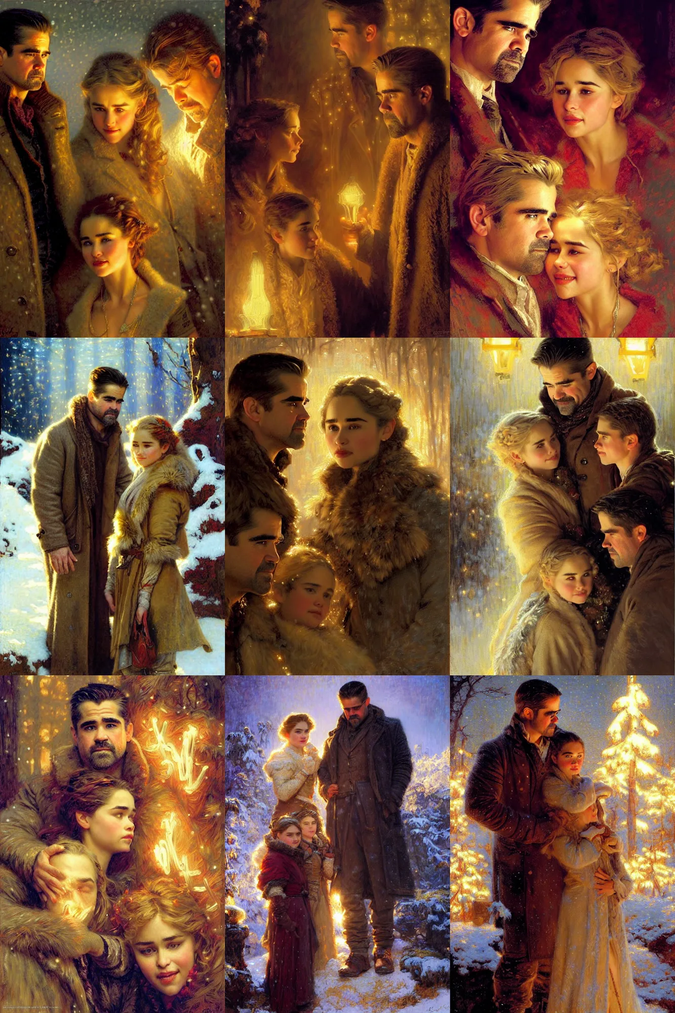 Prompt: winter, family, colin farrell with blond emilia clarke, neon light, detailed faces, painting by gaston bussiere, craig mullins, j. c. leyendecker