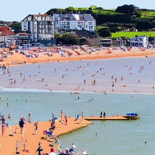 Prompt: photo of paignton seafront with sunbathers