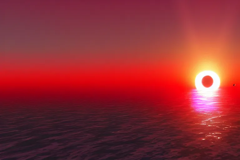 Prompt: Synthwave style sunset above the reflective sea in the style of Artstation