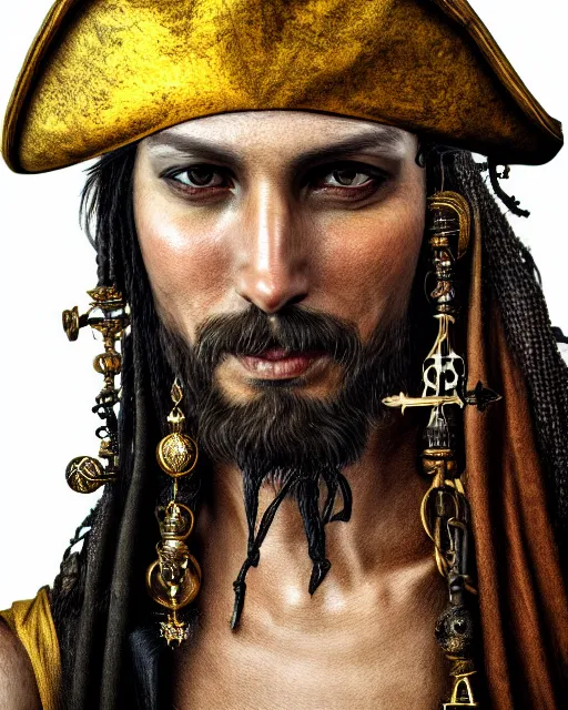 Image similar to realistic portrait of a pirate, dark, gold ornaments, facing camera, photo realistic, detailed, 1 4 5 0, delicate, hyper realism, ultra realistic, 8 k
