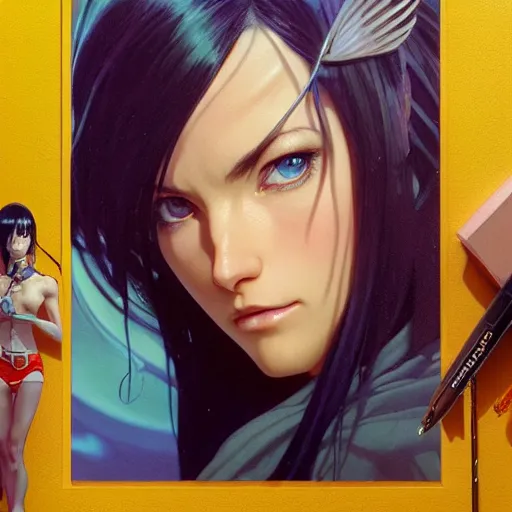 Image similar to highly detailed vfx portrait of nico robin, greg rutkowski, loish, rhads, beeple, makoto shinkai, tom bagshaw, alphonse mucha, sharp focus, art by artgerm and greg rutkowski, stanley kubrick, backlit, harsh overhead sunlight, blue eyes,