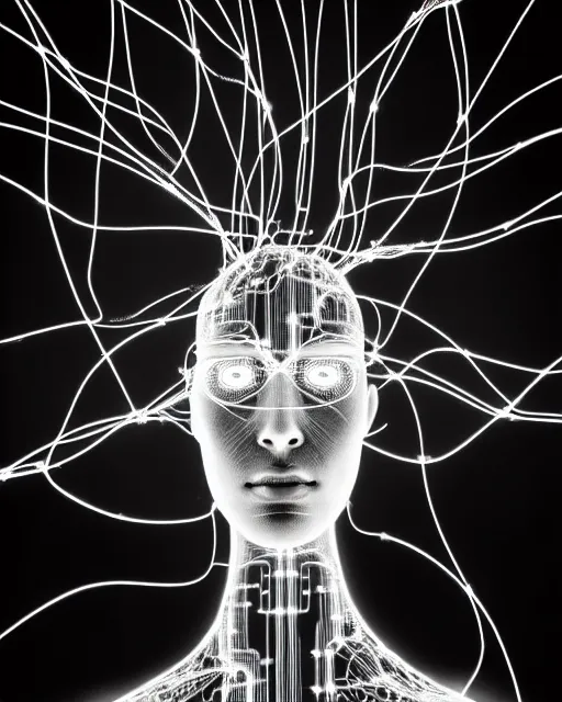 Image similar to black and white connected cyborg - plant goddess high quality photo, microchip, artificial intelligence, bio - mechanical bio - luminescence, black wired cables, neurons, nerve cells, cinematic, rim light, photo - realistic, elegant, high detail, 8 k, masterpiece, high fashion, in the style of man ray