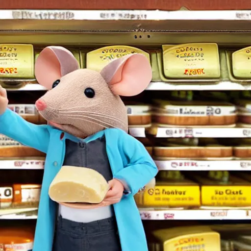 Prompt: a realistic mouse in pants buying cheese in a supermarket