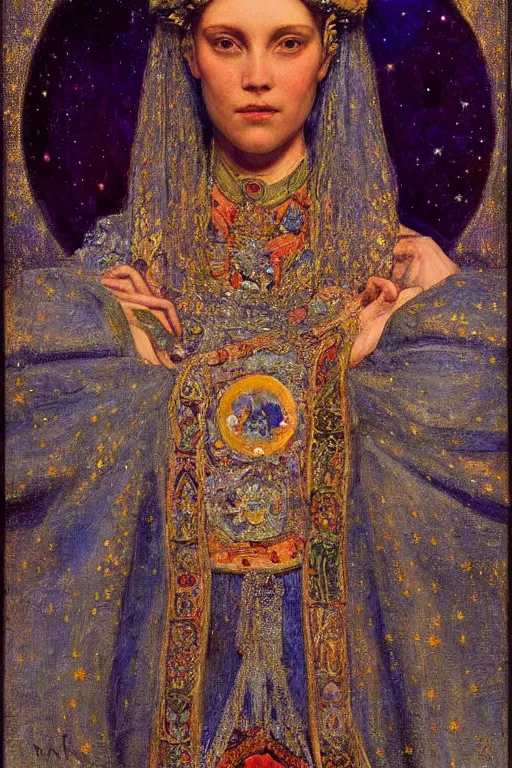 Prompt: the starry queen, by Annie Swynnerton and Nicholas Roerich, elaborately costumed, rich color, dramatic cinematic lighting, smooth, sharp focus, extremely detailed