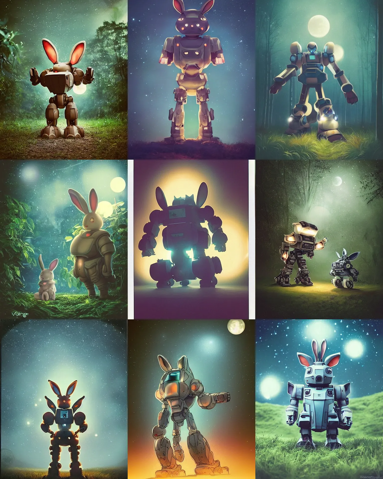 Prompt: dynamic pose !!!giant oversized battle rabbit robot chubby mech with big ears , on jungle night !!! , fireflies in front, full body , Cinematic focus, Polaroid photo, vintage , neutral dull colors, soft lights, foggy , stars moon blue backlight , by oleg oprisco , by victor enrich , by gregory crewdson , by discovery channel , by most wanted