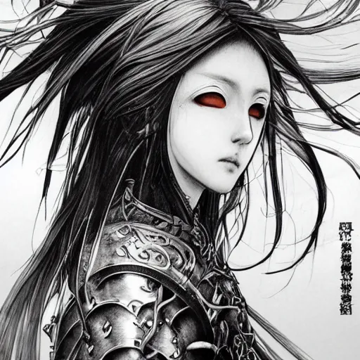 Image similar to yoshitaka amano realistic illustration of an anime girl with black eyes, wavy white hair fluttering in the wind and cracks on her face wearing elden ring armour with engraving, abstract black and white patterns on the background, noisy film grain effect, highly detailed, renaissance oil painting, weird portrait angle, blurred and dreamy portrait, three quarter angle portrait