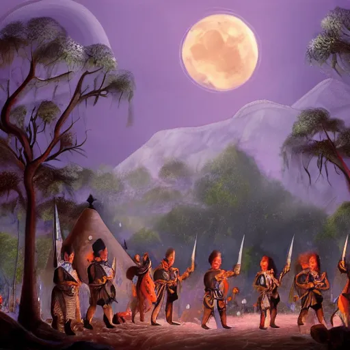 Image similar to A group of armoured Spanish conquistadors holding torches on a sandy beach Cove in middle of a magical forest in a dark night. Inca ruins in the background. Pale crescent moon in the sky. detailed digital painting, artstation