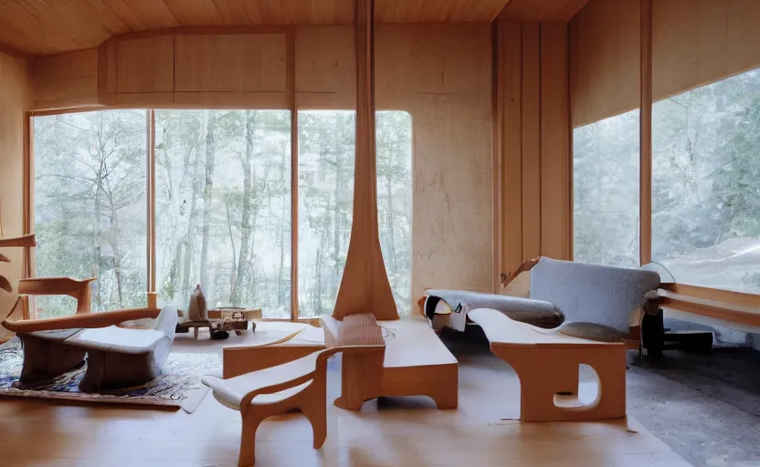 Image similar to luxurious wooden cottage by alvar aalto, modern japanese living room, japanese flower arrangements, coherent composition, architecturally accurate, architecture photography