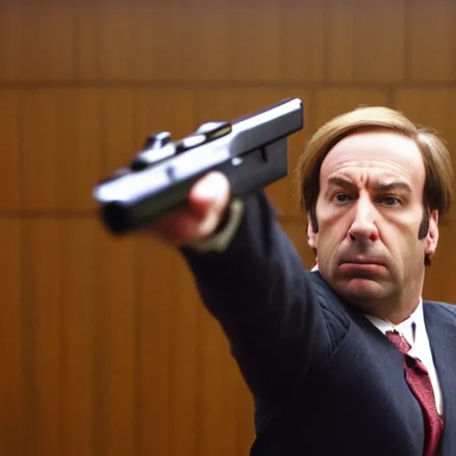 Image similar to saul goodman shooting a gun in a courthouse