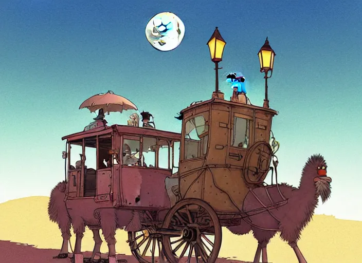 Image similar to a cell shaded cartoon of a stagecoach being pulled by two emu's from howl's moving castle ( 2 0 0 4 ), on a desert road, lamp posts, in front of a pale full moon, full body, wide shot, very dull muted colors, studio ghibli, laurie greasley, highly detailed, deviantart, art by artgem