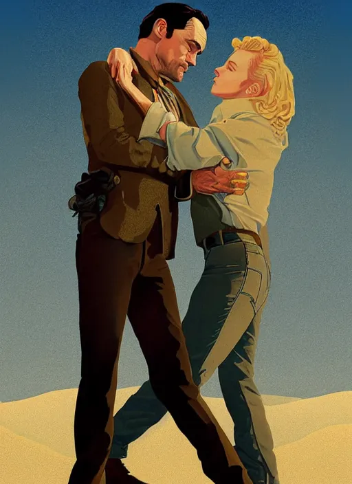 Image similar to poster artwork by Michael Whelan and Tomer Hanuka, Karol Bak of Naomi Watts & Jon Hamm husband & wife portrait, in the pose of Brokeback Mountain poster, from scene from Twin Peaks, clean, simple illustration, nostalgic, domestic, full of details