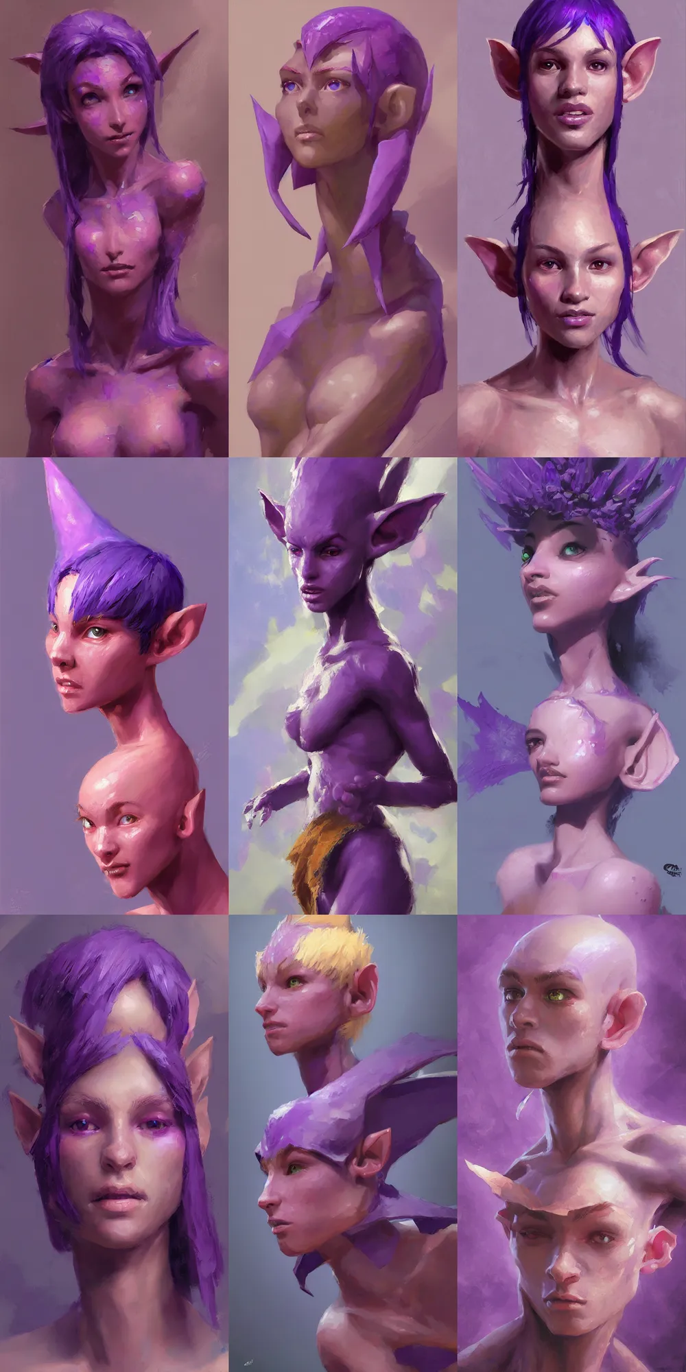 Prompt: a beautiful painting of a vibrant purple skinned elf with narrow features, by craig mullins, featured on artstation