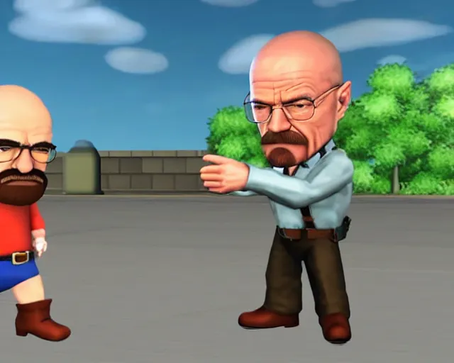 Prompt: walter white in super smash bros, screenshot, zoomed out, HD, battlefield, blurry, photograph of TV